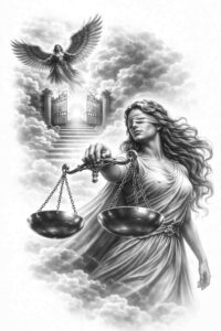 Themis goddess of justice holding scales in black and grey, a monochrome tattoo project idea.