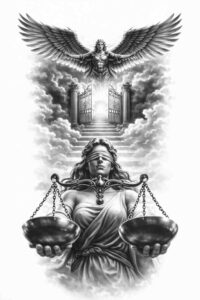 Gothic grayscale tattoo design of a Winged Goddess of Justice holding scales, in black and grey; AI-generated concept, project idea, cover-up suitable.