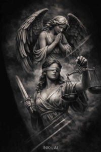 Dark grayscale tattoo design: winged angel over armored warrior with sword and shield; black and grey, concept sketch for cover-up.