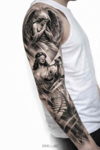 Black and grey realism sleeve tattoo on the upper arm featuring a warrior figure; project idea with cover-up potential.