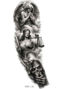 Angel with wings above a seated woman and a skull, rendered in black and grey; a concept tattoo design idea for a vertical grayscale piece.