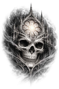 Black and grey tattoo design of a skull with mandala arch and gothic backdrop; concept/idea; cover-up ready.