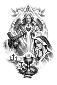 Virgin Mary with Sacred Heart, flanked by two figures, candles and crosses; black and grey tattoo design concept for a cover-up, AI-generated.