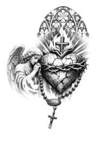 Angel and rosary with cross in black and gray, grayscale tattoo concept design; project idea.