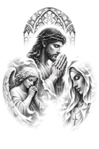 Holy Family grayscale linework: Mary on the right, a praying man center, and a child on the left under an arch; tattoo design concept, AI-generated.