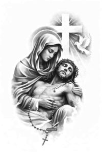Mary and Jesus depicted in a black and grey tattoo design project with a cross and rosary beads.