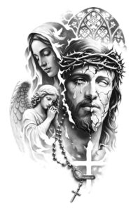 Portrait in black and grey of Jesus with crown of thorns, rosary, and a veiled Virgin Mary in the background; AI-generated concept; tattoo idea.