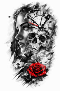 Color tattoo design: a female portrait fused with a skull, clock gears, and a red rose; AI-generated concept, black-and-grey base with color accents; cover-up ready.