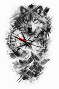 Silhouetted wolf head with compass overlay in black and grey, AI-generated concept, cover-up suitable.