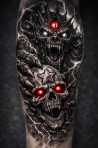 Black and grey with red highlights tattoo design showing two skulls beneath a snarling demon with glowing red eyes; a concept idea, perfect for a cover-up.