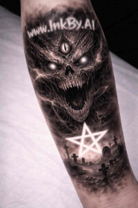 Demon face in black and grey with a pentagram on forearm; AI-generated tattoo concept, cover-up-ready.