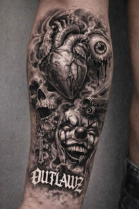 Black and grey tattoo design on forearm with a highly detailed skull, a mechanical heart motif, and bold OUTLAWZ script; AI-generated concept for cover-up.