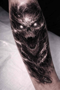 Dark black and grey tattoo design of a feral demon-dog face on the forearm; AI-generated concept, project idea, cover-up suitable.