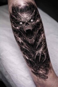 Dark blackwork tattoo of a wolf-demon head on forearm, black and grey, AI-generated concept, project idea, cover-up suitable.