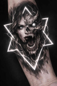 Wolf head in black and grey with bold shading, framed by a white geometric star outline; a project idea, highly suitable for cover-up.