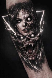 Black and grey tattoo design of a distressed female portrait enclosed by glowing geometric triangles; AI-generated concept, cover-up ready.