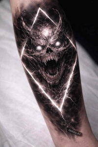 Black and grey geometric wolf head tattoo on forearm, AI-generated project idea; perfect for cover-up.