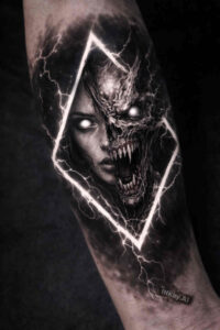 Dark black-and-grey demon inside a diamond frame; AI-generated project idea, cover-up ready.