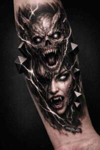 Demon head in black and grey with geometric spikes, tattoo idea on forearm, AI-generated concept, perfect for cover-up.
