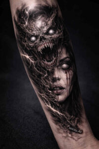 Black and grey forearm tattoo featuring a female portrait entwined with a skull; AI-generated concept, ideal as a cover-up.