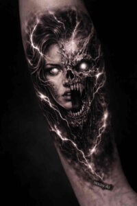 Black and grey tattoo design of a skeletal skull with jagged lightning, a dark foreboding portrait; AI-generated concept; cover-up suitable.