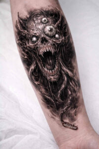 Dramatic black and grey demon monster tattoo on forearm, AI-generated concept, cover-up ready.