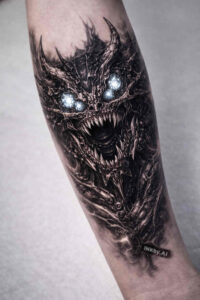 Dark black and grey AI-generated concept of a snarling demon-wolf with glowing blue eye highlights; project idea, suitable for cover-up.