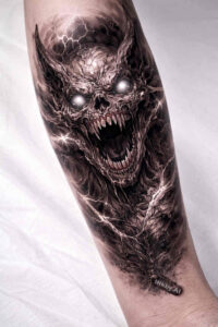 Black and grey demon-monster tattoo concept on forearm; AI-generated project idea, cover-up suitable.
