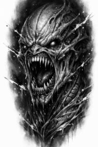 Black and grey demon head tattoo concept, AI-generated project idea, perfect for cover-up.