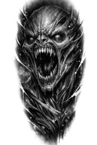 Black and grey demon beast portrait tattoo design, AI-generated concept, cover-up-ready.