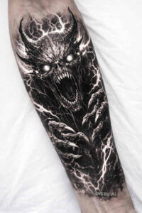 Dark blackwork forearm tattoo showing a demonic wolf head with jagged white negative-space lines; black ink on skin, idea piece, cover-up suitable.