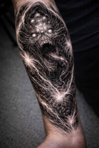 Black and grey forearm tattoo featuring a cosmic mandala with radiant geometric line and star specks; AI-generated concept, project idea, perfect for a cover-up.