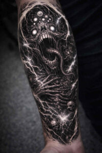 Black and grey forearm tattoo concept: a skull with eye sockets in dotwork, cosmic stars; AI-generated concept, cover-up suitable.