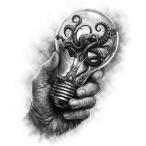 Hand holding a light bulb containing an octopus, rendered in black and grey; an AI-generated tattoo design concept, an idea sketch for potential cover-up.