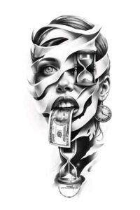 Portrait of a woman's face with a dollar bill in her mouth, grayscale shading, black and grey tattoo concept; AI-generated project idea.