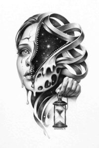 Black and grey tattoo design of a surreal half-face portrait with cosmic elements, skull motif, and hourglass; this is a project/idea.
