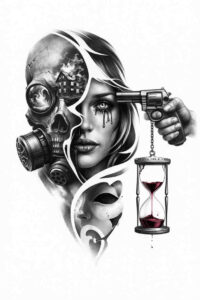 Black and grey surreal split-face tattoo concept with skull and gas mask on the left, a masked right face, and an hourglass; AI-generated concept; cover-up friendly.