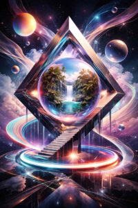 Color tattoo design featuring a geometric diamond frame with neon nebula spheres and orbital rings against a cosmic backdrop; AI-generated concept, project idea.