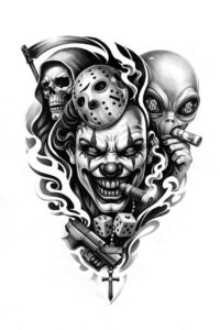 Jason skull mask tattoo in black and grey; AI-generated idea; perfect for cover-up.