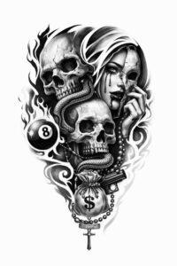 Three black and grey skulls with a dollar-sign pendant and flowing smoke, AI-generated tattoo idea in black and grey, perfect for cover-up.