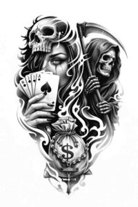 AI-generated concept: skeletal woman with skull head holding playing cards, a snake wrapped around a coin; black and grey tattoo design, project idea, cover-up ready.