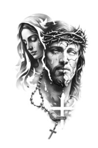 Split black and grey realism tattoo design featuring Mary on the left and Jesus on the right with crown of thorns and cross pendant; grayscale project idea, not a cover-up.