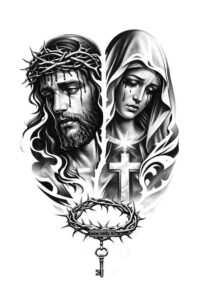 Black and grey tattoo design featuring Jesus and Mary with a crown of thorns and rosary; this is a project idea.