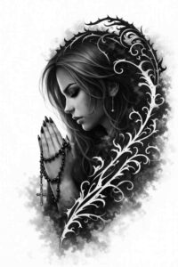 Portrait of a woman in prayer with an ornamental vine motif, rendered in black and grey; concept tattoo design.