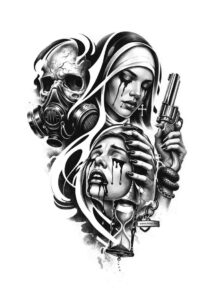 Black and grey tattoo concept featuring a skull behind a grieving woman with flowing hair; AI-generated project idea.