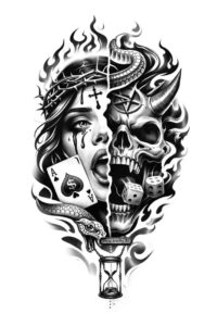 Black and grey tattoo design concept featuring a woman's face and a skull with flames, cross, card, and hourglass; AI-generated project, perfect cover-up.