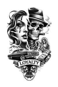 Black and grey tattoo design: a woman's portrait beside a skull, loyalty banner, roses and dagger; AI-generated concept sketch, ideal for cover-up.