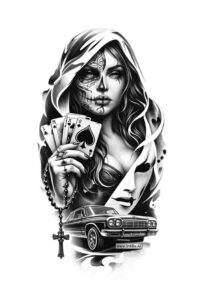 Hooded female figure in black and grey, clutching playing cards with a vintage car beneath; AI-generated project concept, cover-up ready.