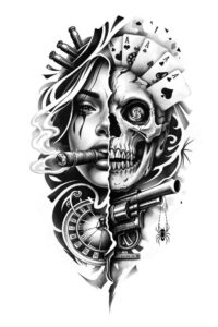 Black and grey portrait and skull tattoo design, split-face composition with a woman's face on the left and a skull with gears on the right; AI-generated concept, perfect cover-up.