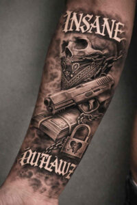 Black and grey tattoo design featuring a skull with helmet, a pistol, and banners reading INSANE and OUTLAWS; AI-generated project idea, cover-up friendly.